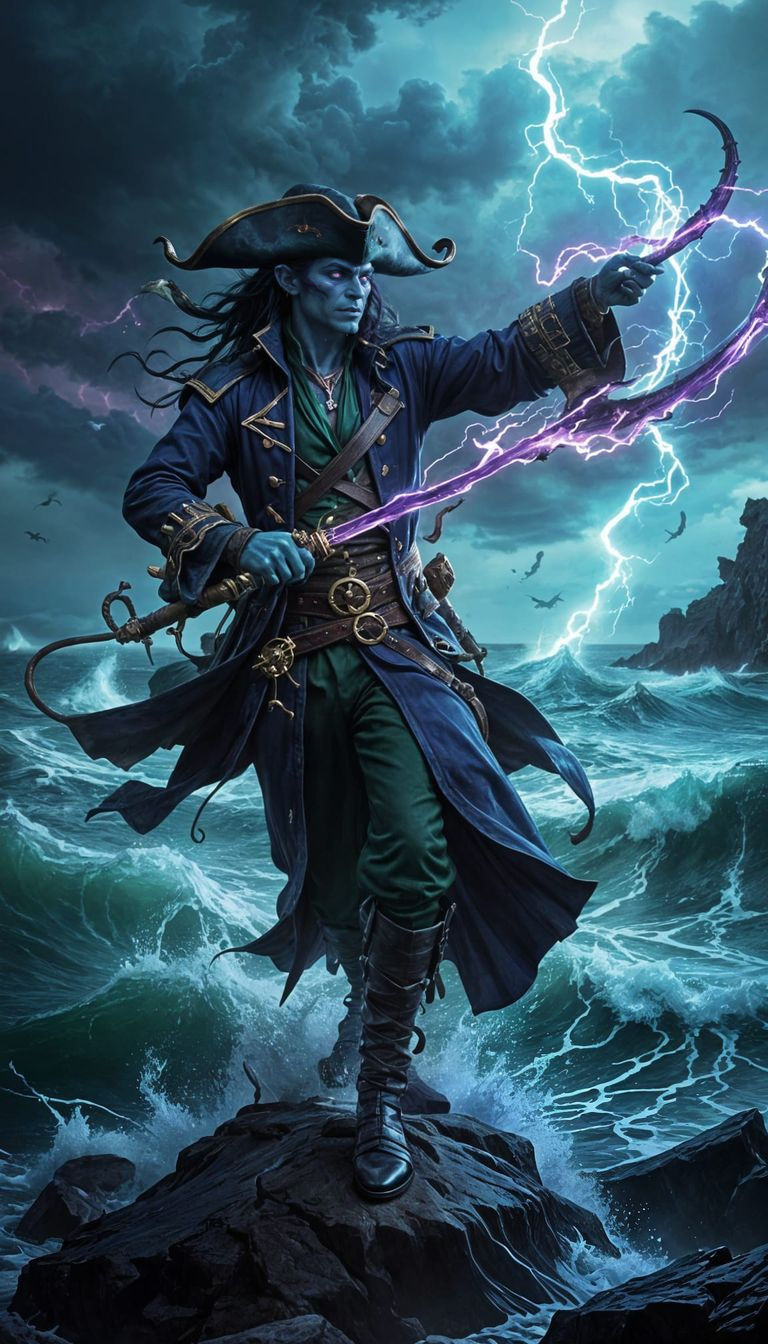 Ethereal Tiefling Pirate Swashbuckles with Flaming Scimitars