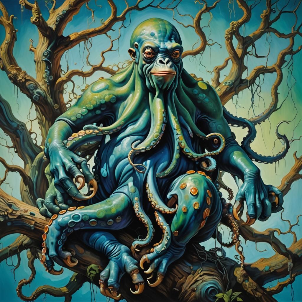 Surreal Octopus-Hippo-Orangutan Hybrid in Vivid Oil Painting