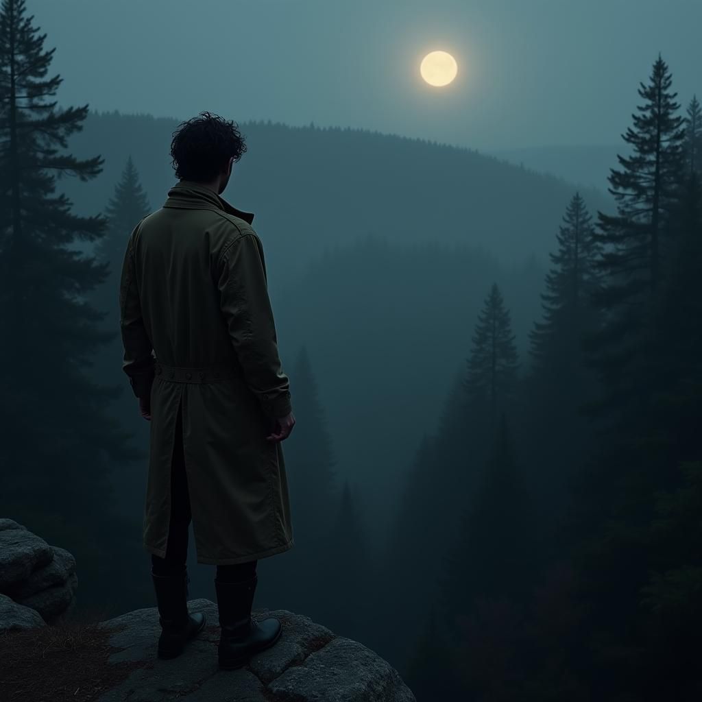 Photorealistic Man Overlooking Dark Forest Landscape