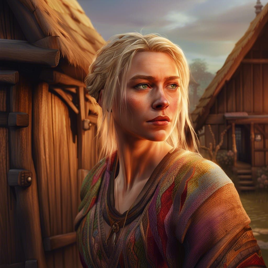 Anglo-Saxon Woman in Hyperrealistic Village Scene