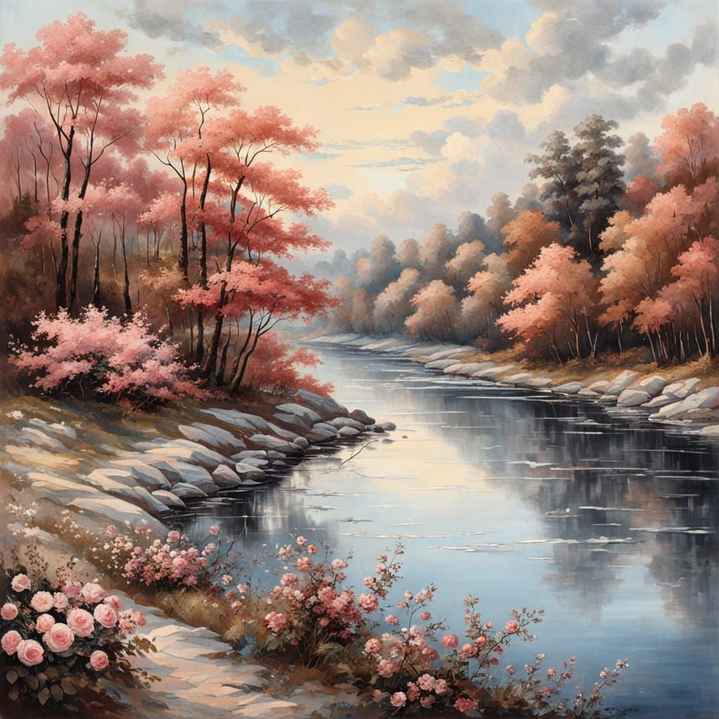 Winding River Landscape with Vibrant Flowers and Trees