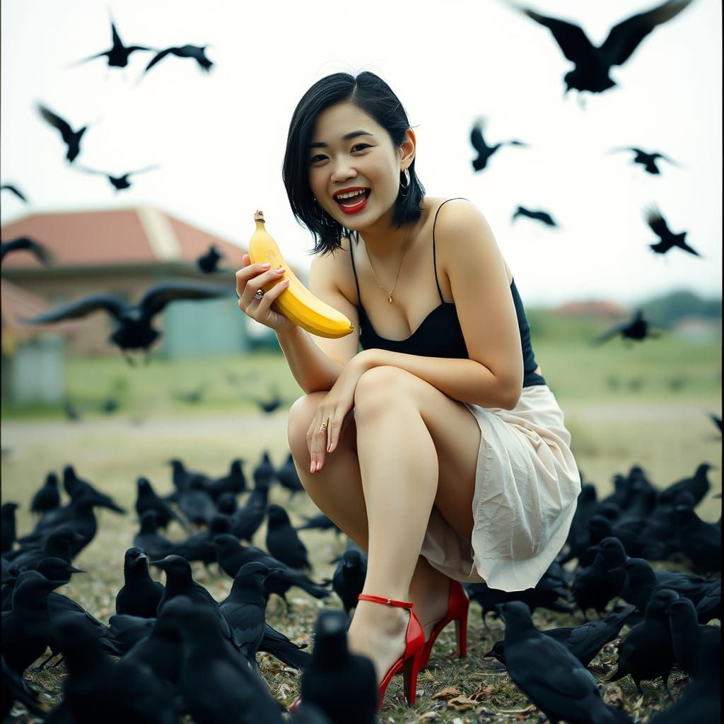 Woman Eating Banana in Cinematic Film Still
