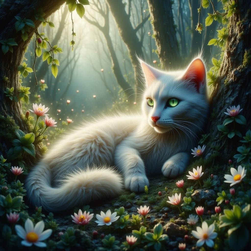Majestic Feline in Whimsical Forest Scene