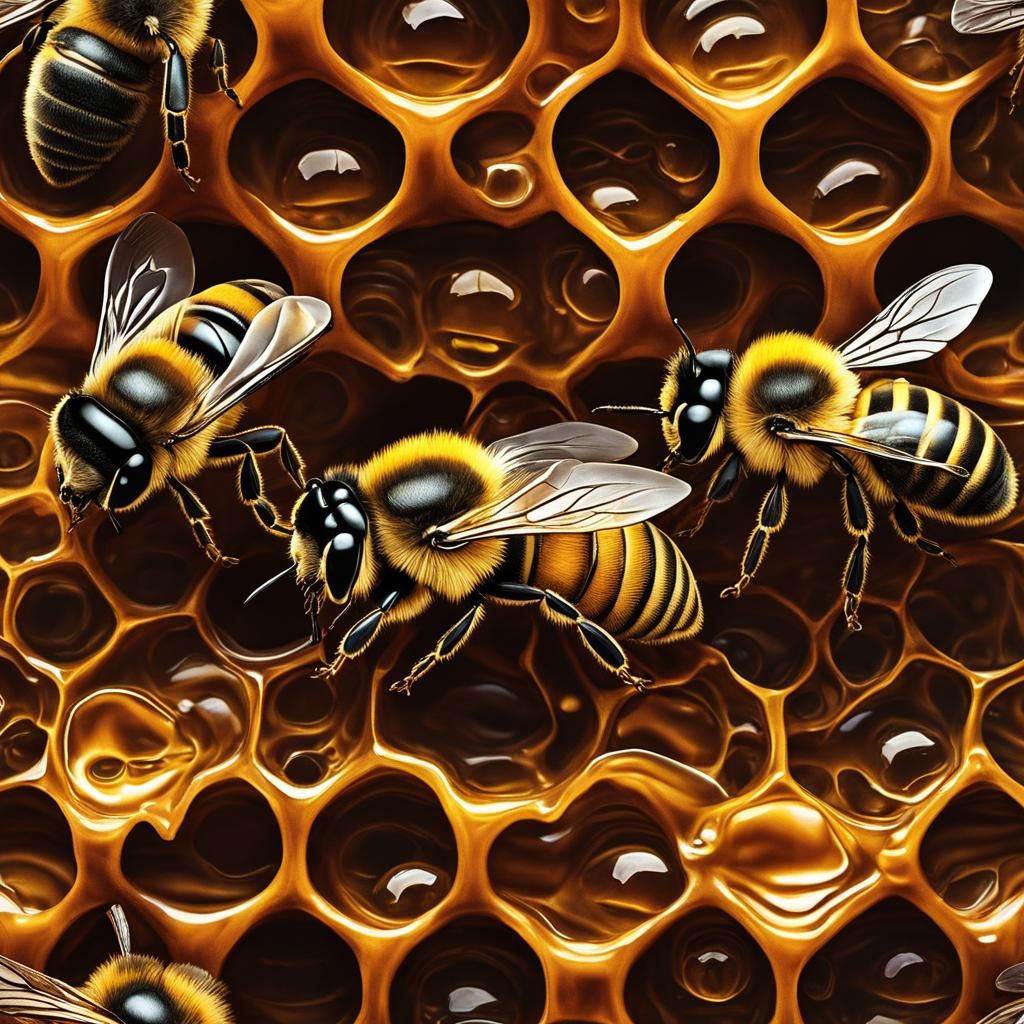 H.R. Giger style super focused and clear photograph of honeybees in honey comb where funny honey bees are sleeping, deta...