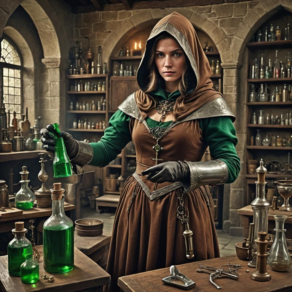 Alchemist in Laboratory Holding Potion, Hyperrealistic