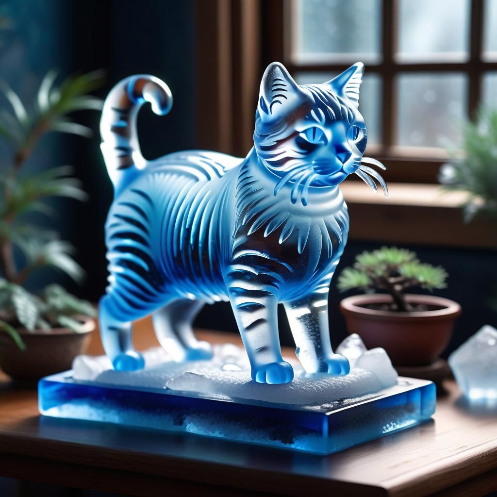Translucent Blue Ice Cat Sculpture with Bonsai