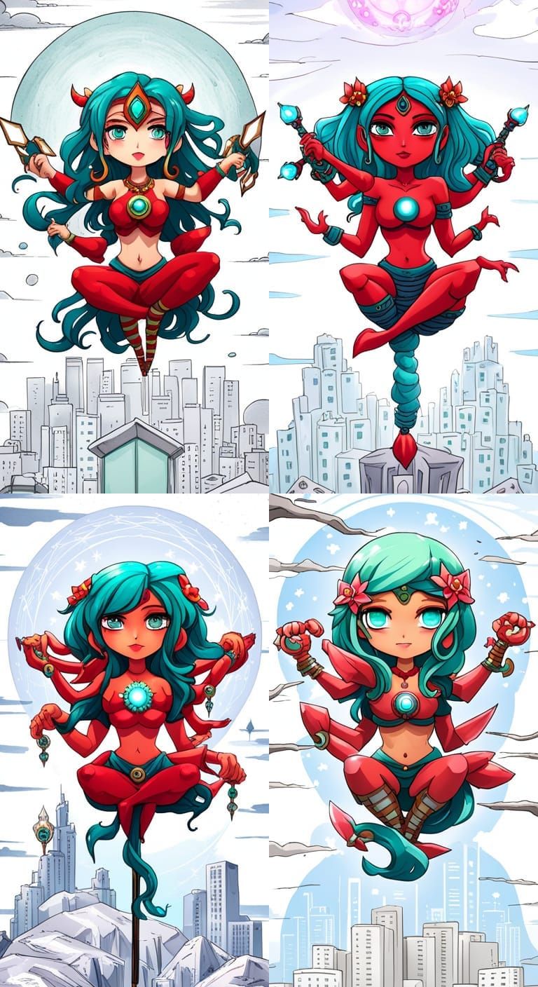 Chibi Anime Hindu Goddess with Weapons, Digital Art