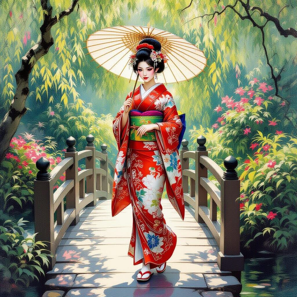 Elf Geisha in Garden with Umbrella as Oil Painting