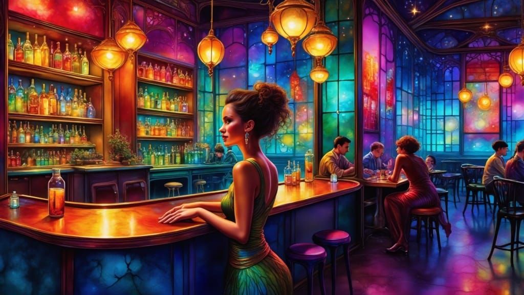 Surrealistic Night Cafe Scene in Bold Digital Brushstrokes