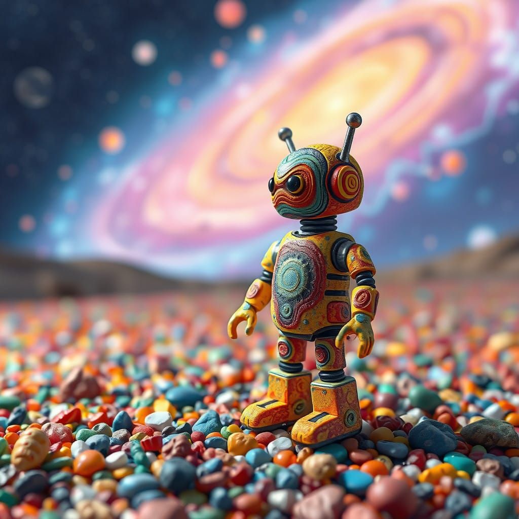 Vibrant Cosmic Robot in Whimsical Landscape