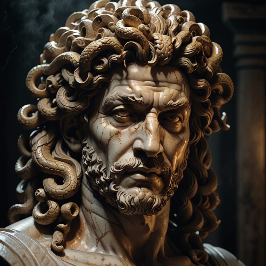 Gorgon's Marble Countenance in Ancient Temple