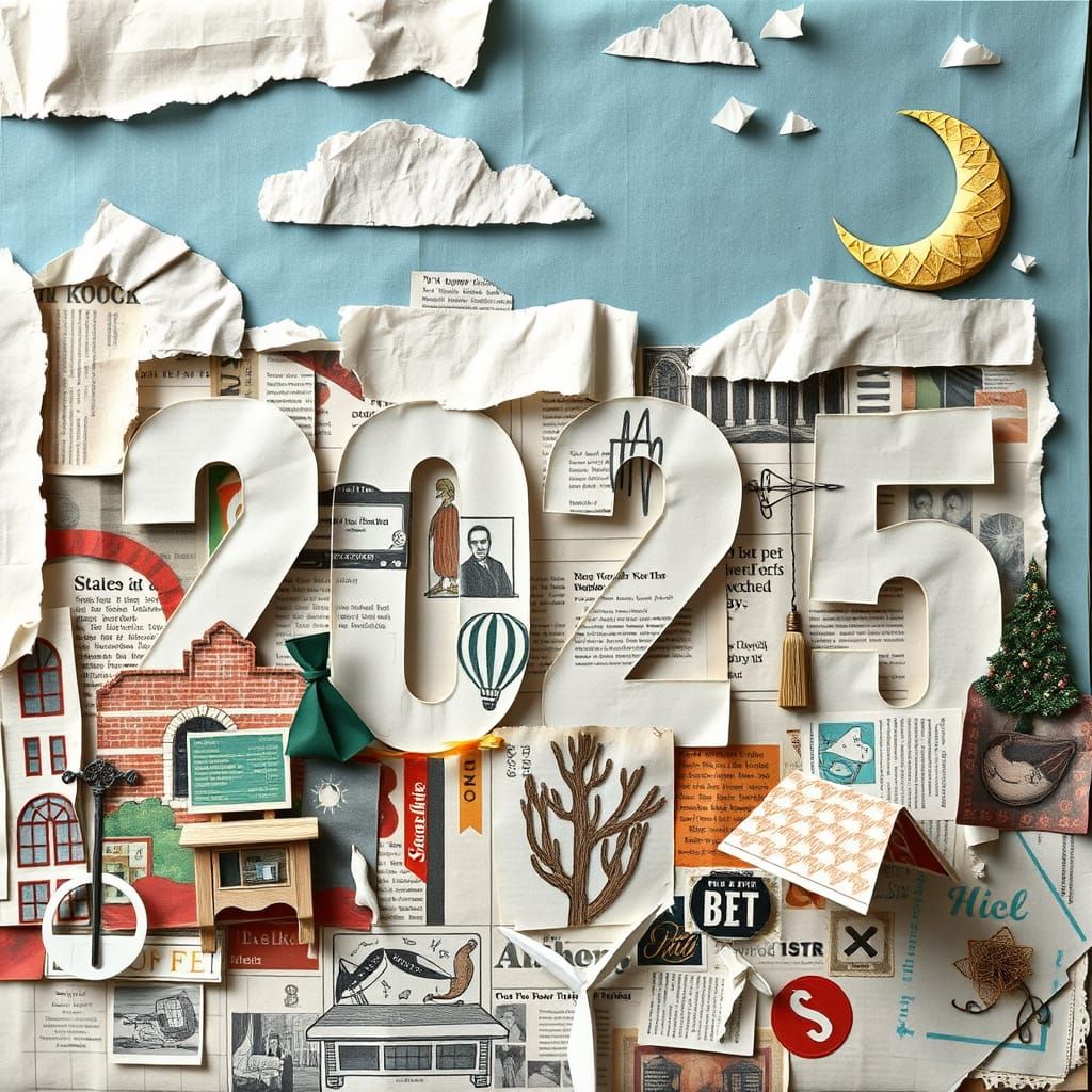 Dreamlike Mixed-Media Collage with Origami Paper Folds