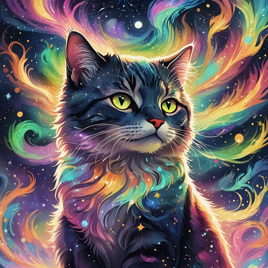Aurora Cat in a Mystical Starry Night Sky