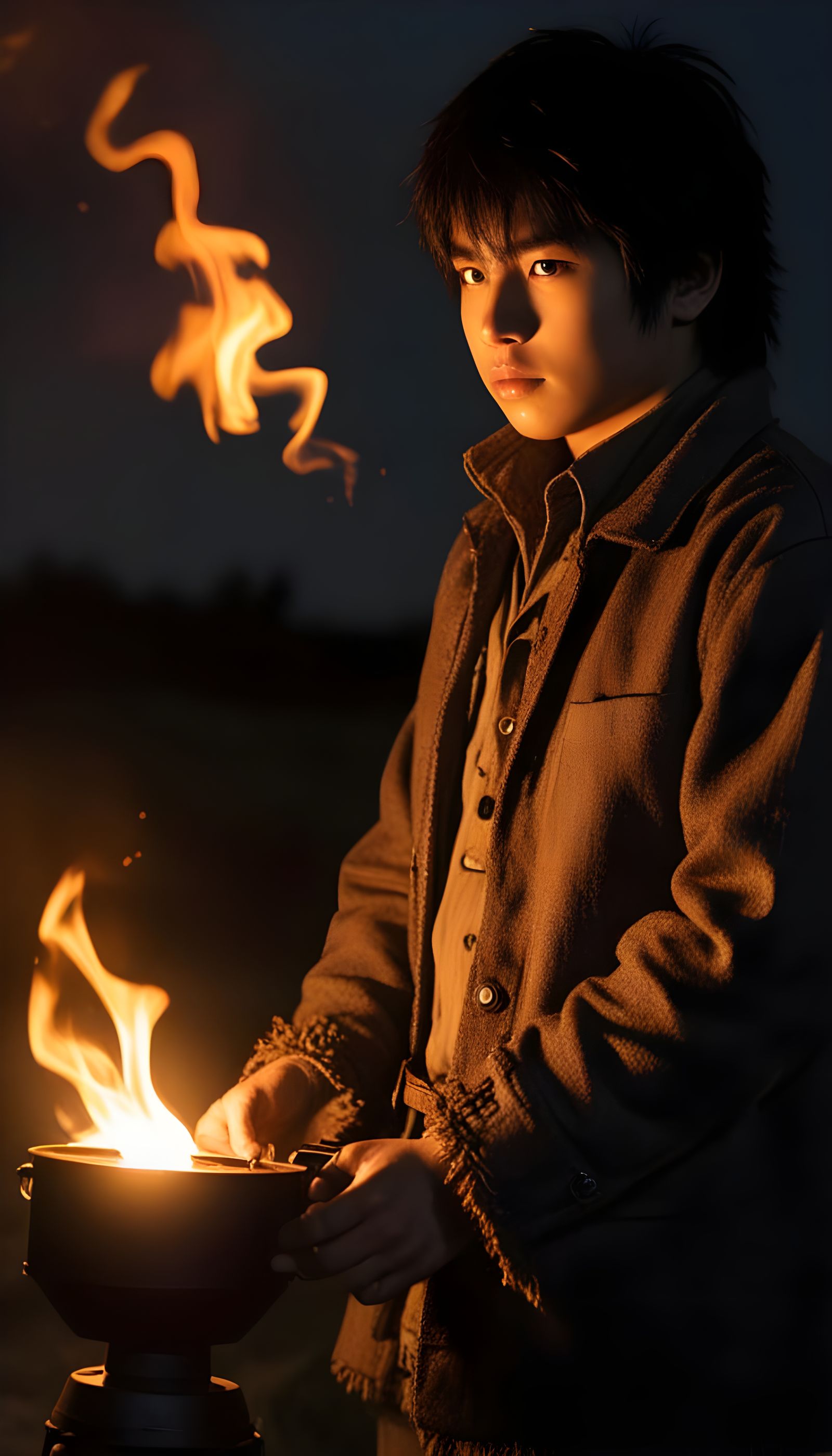 Cyberpunk Shadow Wolf Boy Harnesses Pyrokinetic Powers