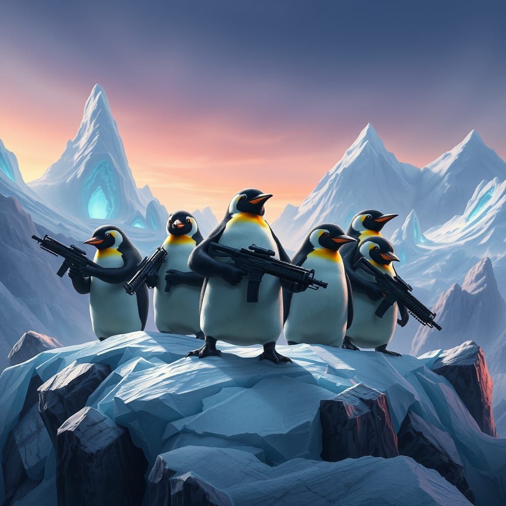 Penguins with Machine Guns Stand Heroically on a Glaciar in ...