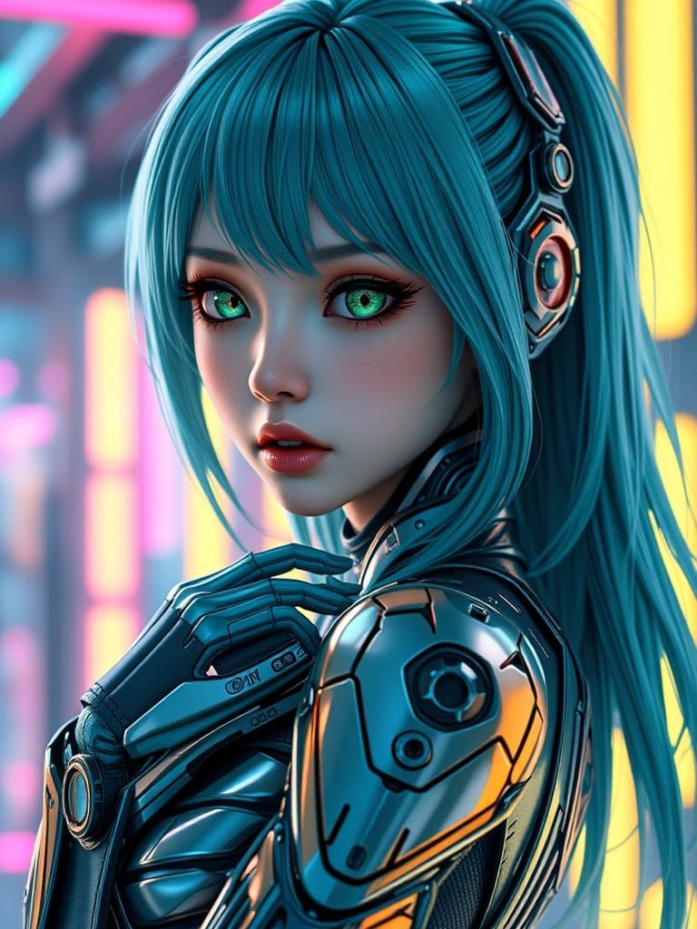 Glowing Android Girl with Aqua Hair and Green Eyes in Futuri...
