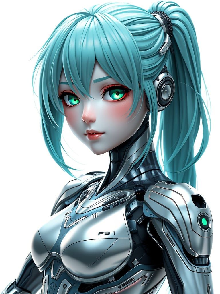 Android Goddess with Aqua Hair and Green Eyes