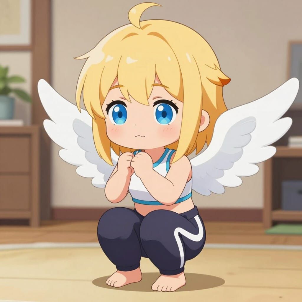 Anime Chibi Angel Woman Doing Squats