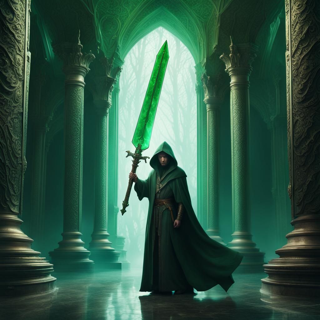 Cloaked Figure with Emerald Sword Digital Painting