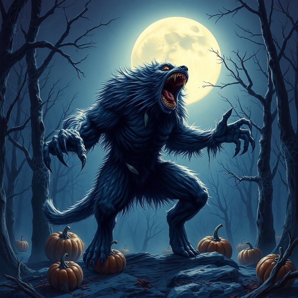 Fearsome Werewolf Transformation Under Halloween Moon