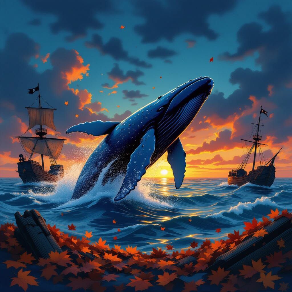 Humpback Whale Breaching in Autumn Leaves Sea