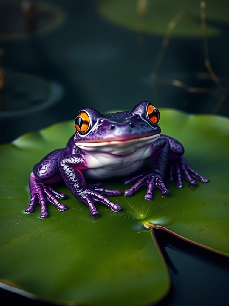 Regal, Hyper-Realistic Frog in Vibrant Purple and Golden Hue...