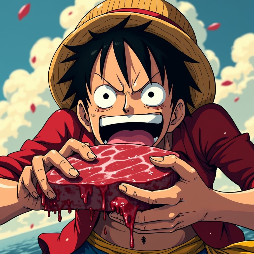 Luffy Savagely Devouring Meat: Anime Style