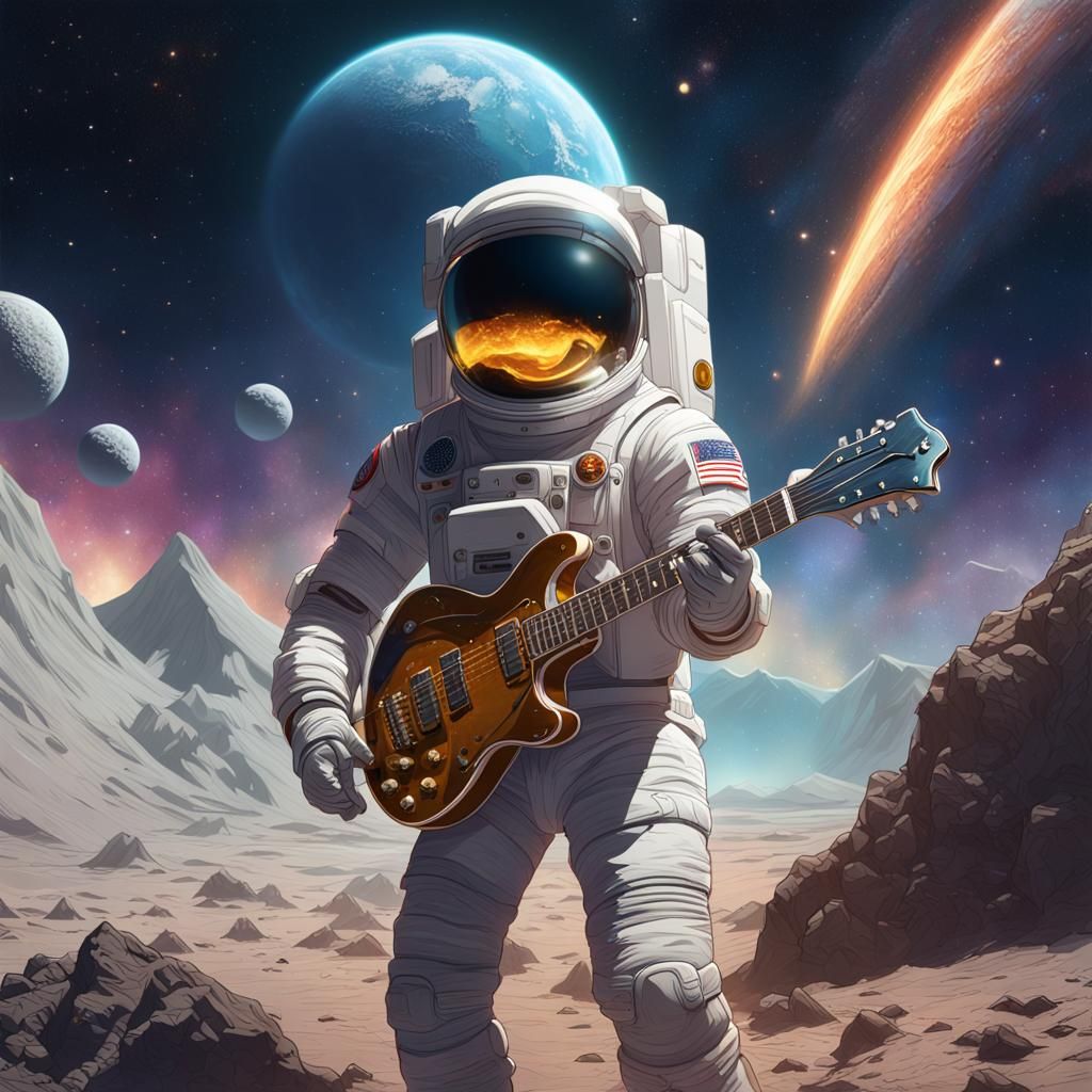 Astronaut Rocking Guitar on Moon, Digital Art