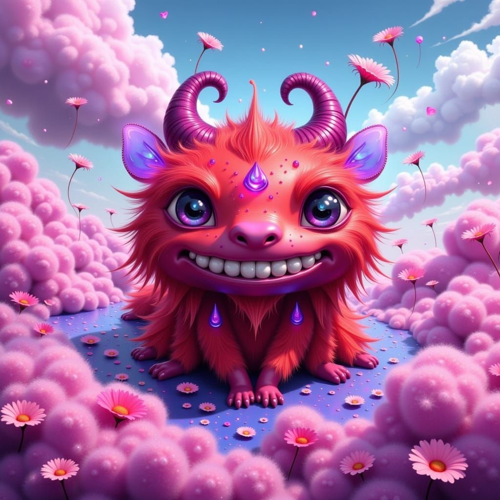 Whimsical Red Violet Monster in Dreamlike Style
