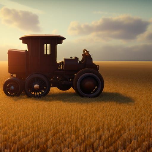 Steam Tractor in Wheat Field: Hyperdetailed Concept Art