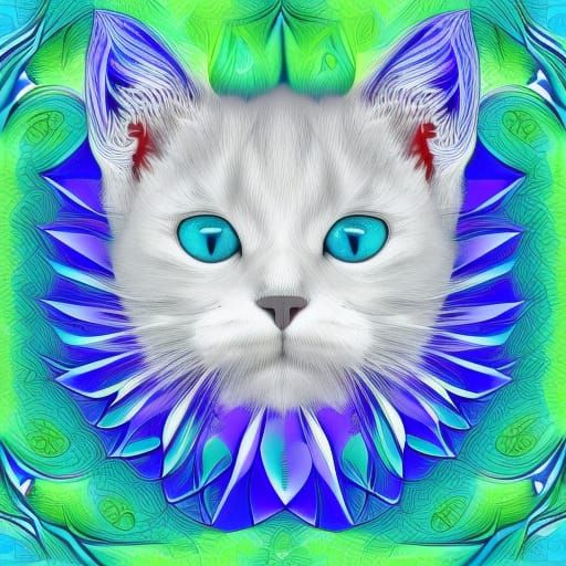 white kitten with green eyes and a blue crown