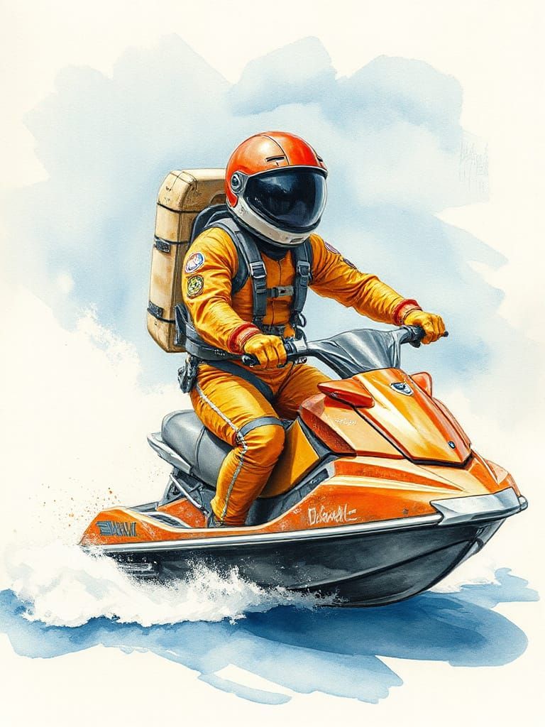 A spaceman in a burnt orange spacesuit piloting a jet ski