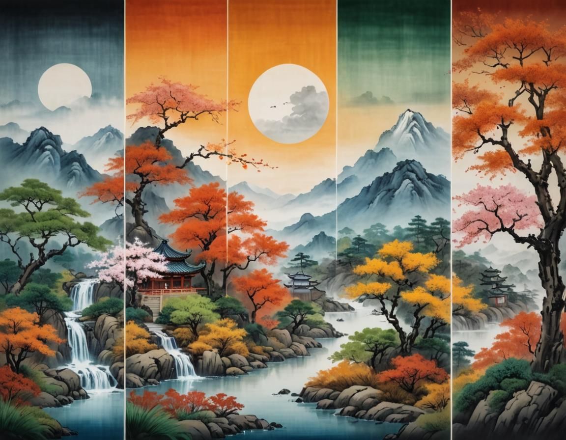 Traditional Chinese Scroll Painting of the Four Seasons