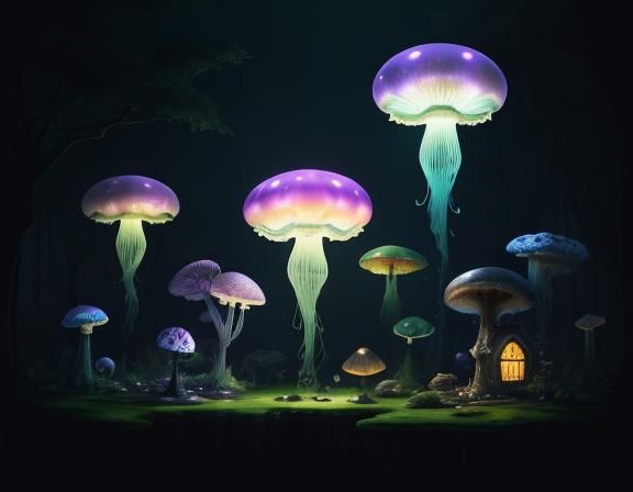 Jellyfish in Toadstool Forest, Storybook Illustration