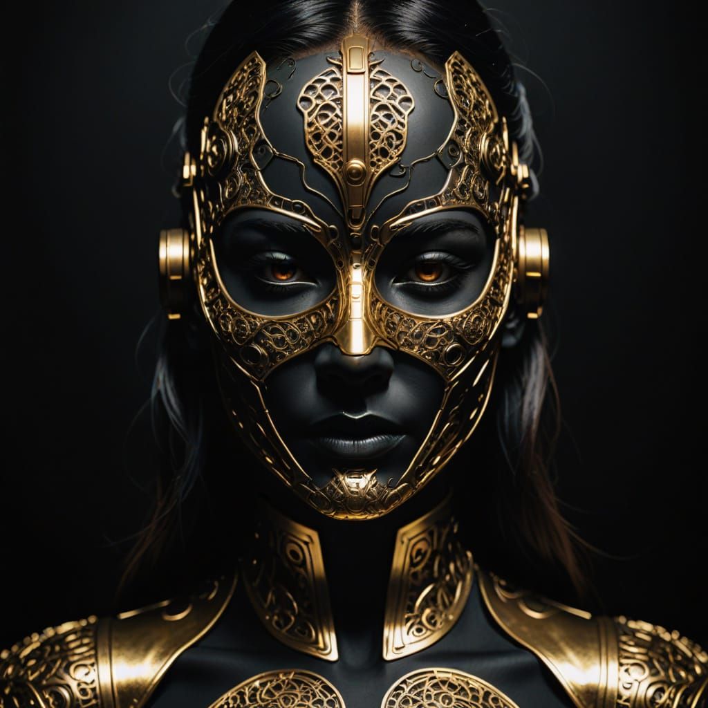 Elegant Cyberpunk Goddess in Dark Metallic Mask