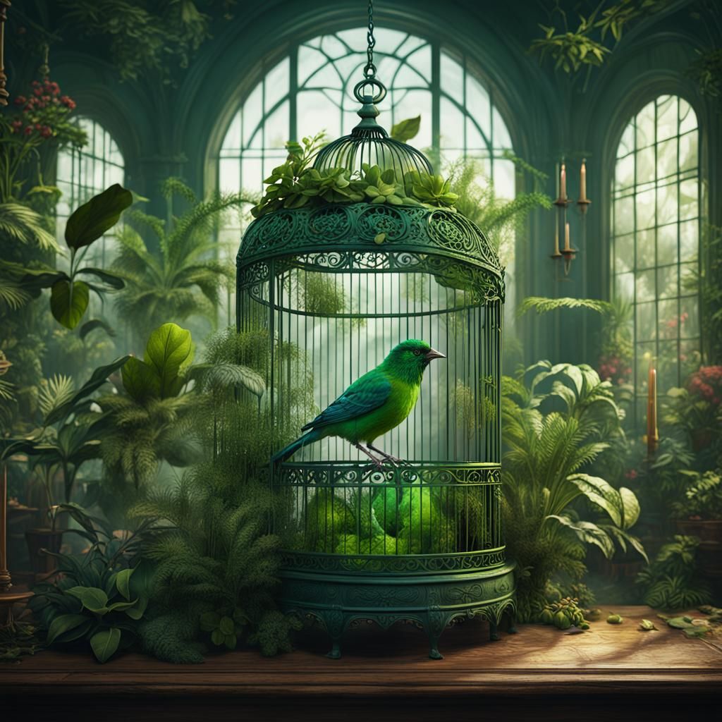 Green Bird in Ornate Cage: Fantasy Concept Art