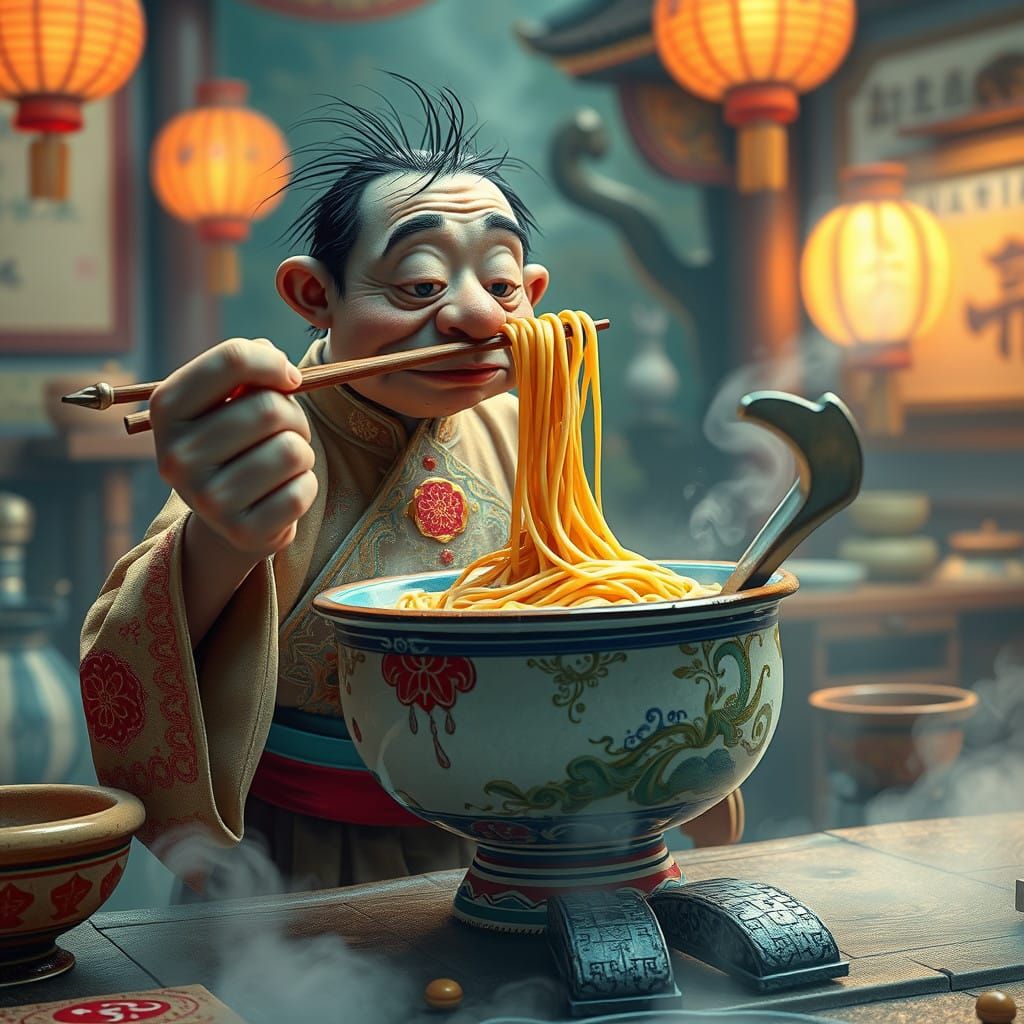 Whimsical Clumsy Figure Struggles with Chopsticks in Dreamli...