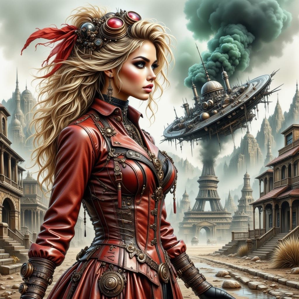 Steampunk Girl Watches Alien Spaceship Take Off