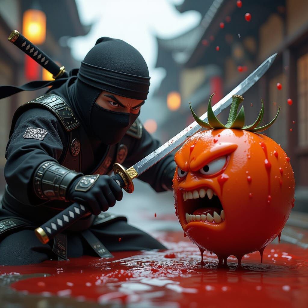 Ninja Banana Fights Samurai Tomato in Ketchup Battle