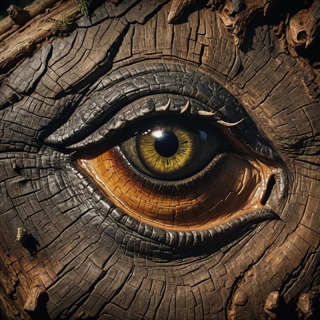 Dinosaur Eye in Log: Cinematic Dark Fantasy