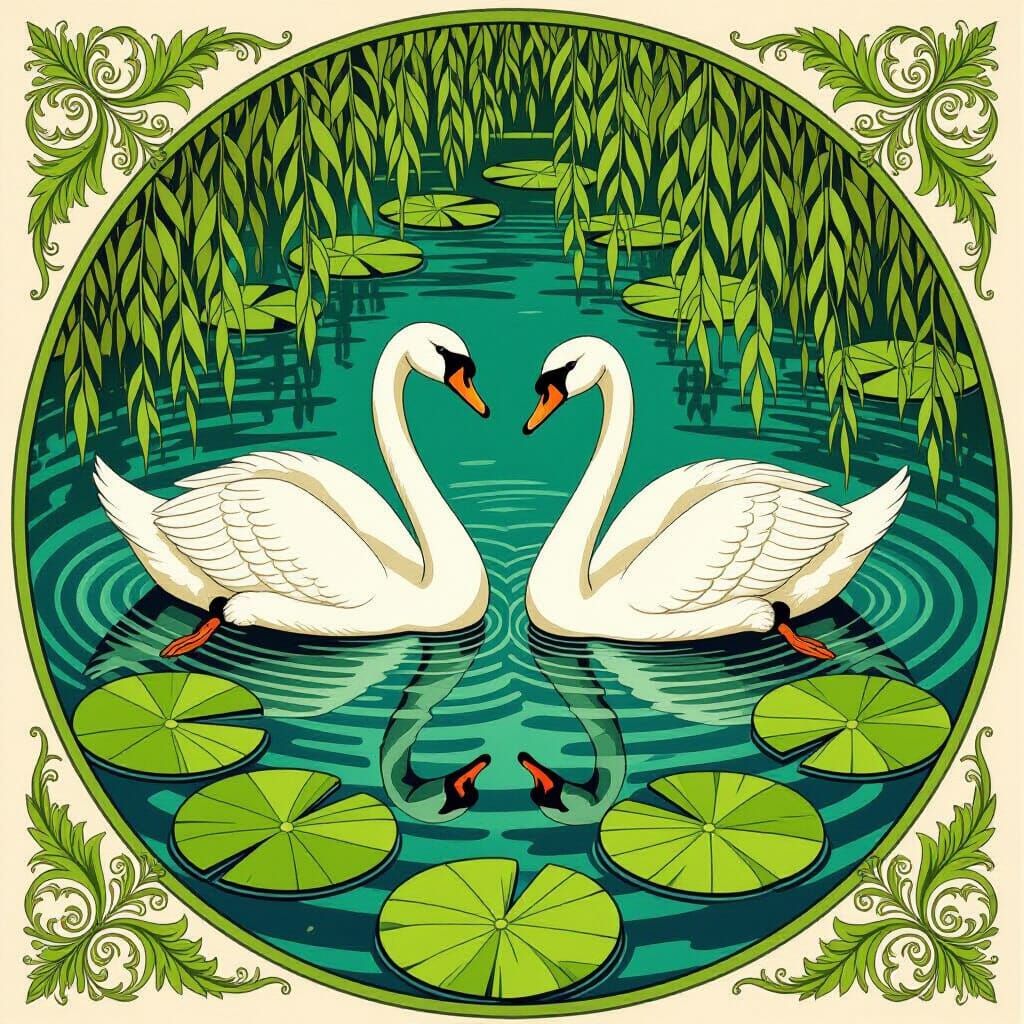 Art Nouveau Swans in Stylized Pond with Lily Pads