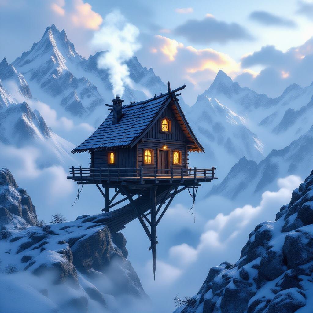 Mystical Hut Perched on Mountain Peaks