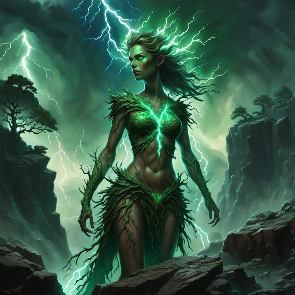 Dryad Amidst Lightning Strikes, Fantasy Concept Art
