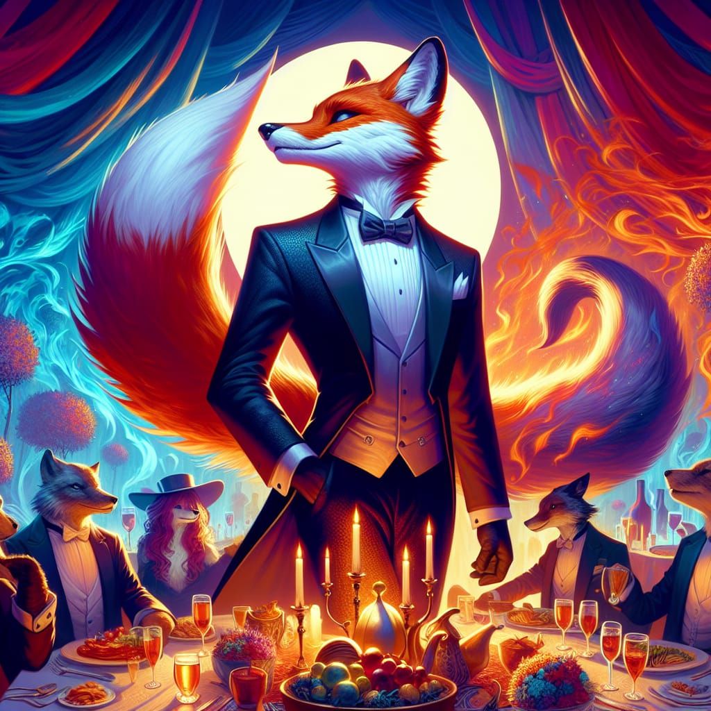 Anthropomorphic Fox in Tuxedo at Fantasy Dinner Party