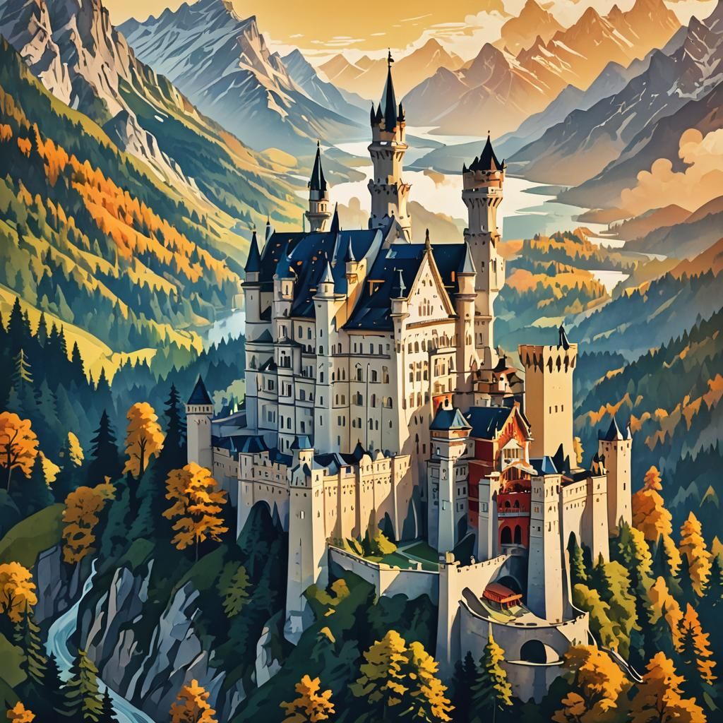 Art Deco Neuschwanstein Castle Vintage Travel Poster
