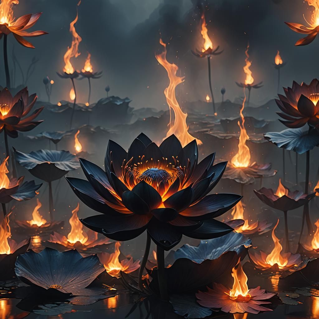 Black Lotus Engulfed in Flames: Dark Fantasy Art