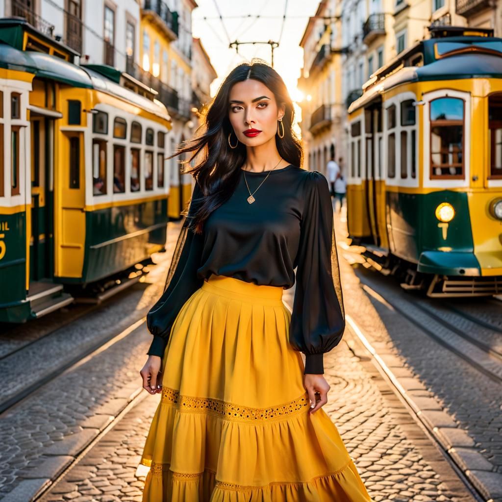 Woman Posing with Yellow Tram in Lisbon at Sunset