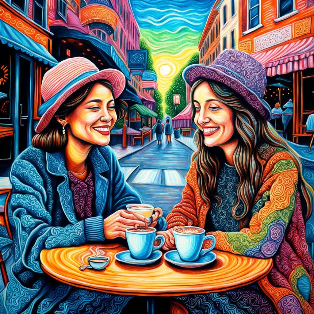 Chalk Art: Ladies Enjoying Coffee, Psychedelic Style