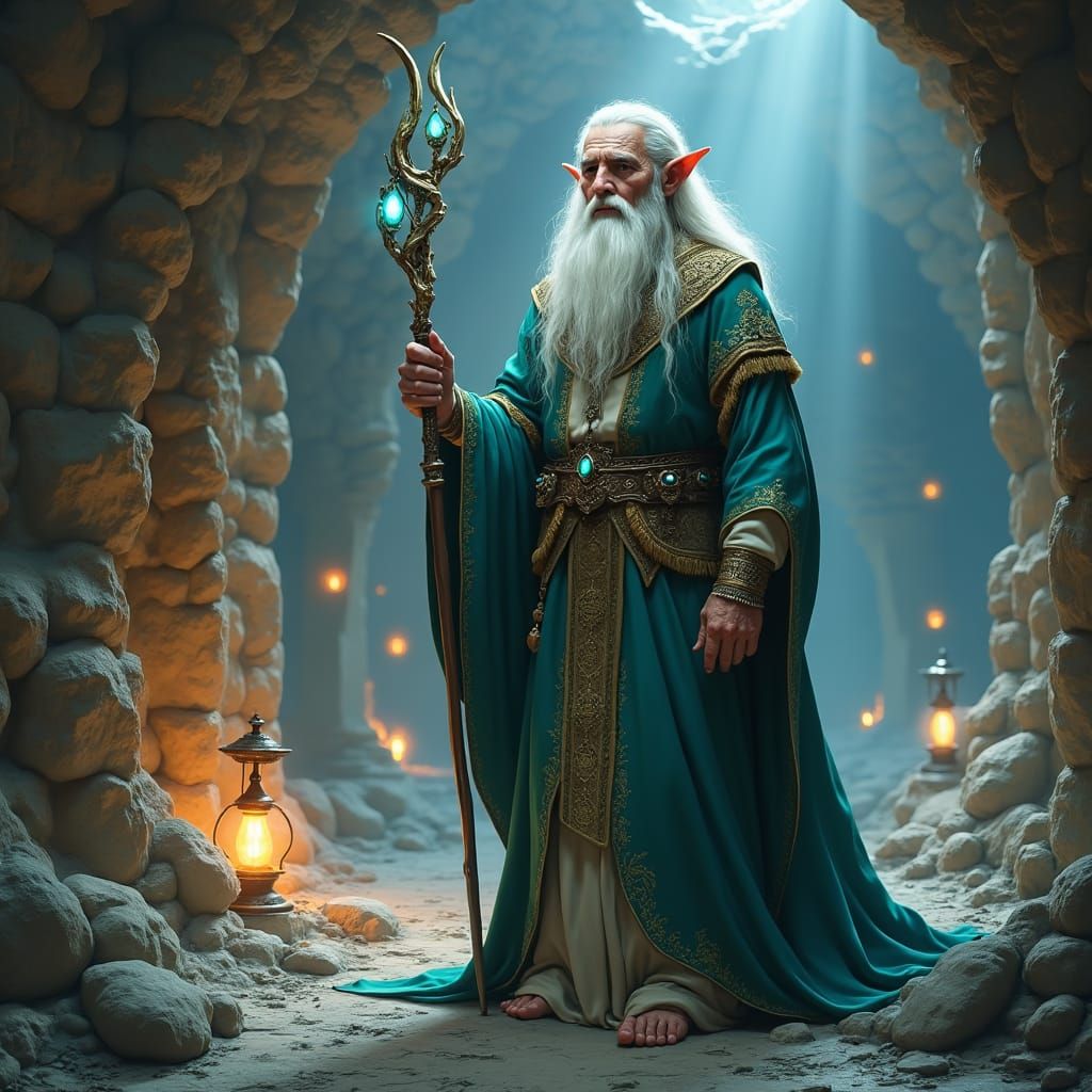 Elderly Elven Cleric in Mystical Realm
