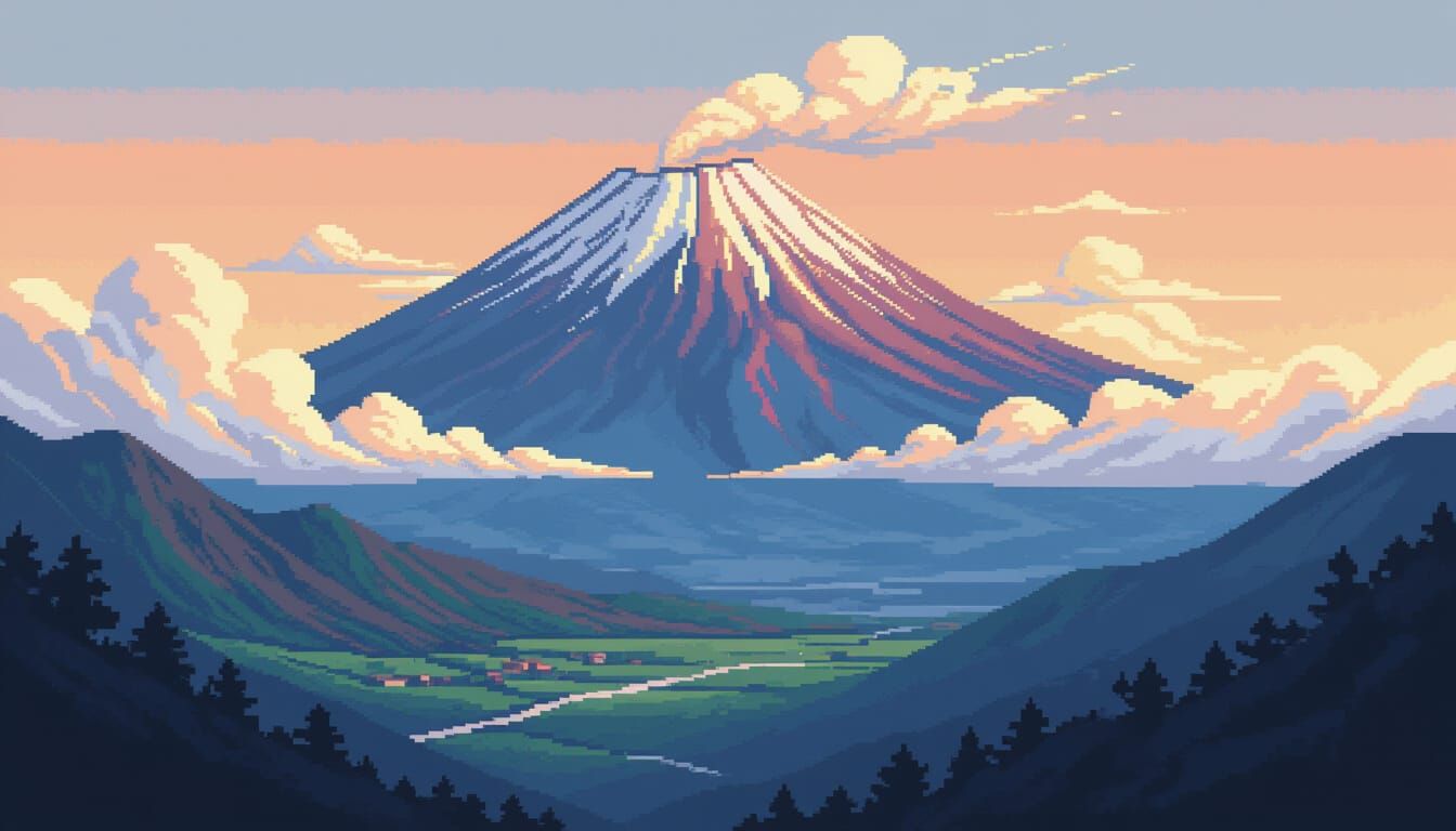 Pixel Art Mount Aso Volcano With Crater